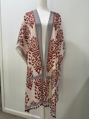 Boho Pom-Trim Open Kimono in Cream and Rust
